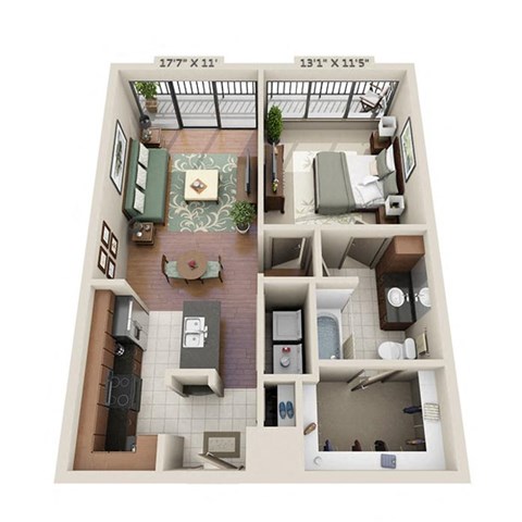 A floor plan of a small apartment with a living room, kitchen, and bathroom.